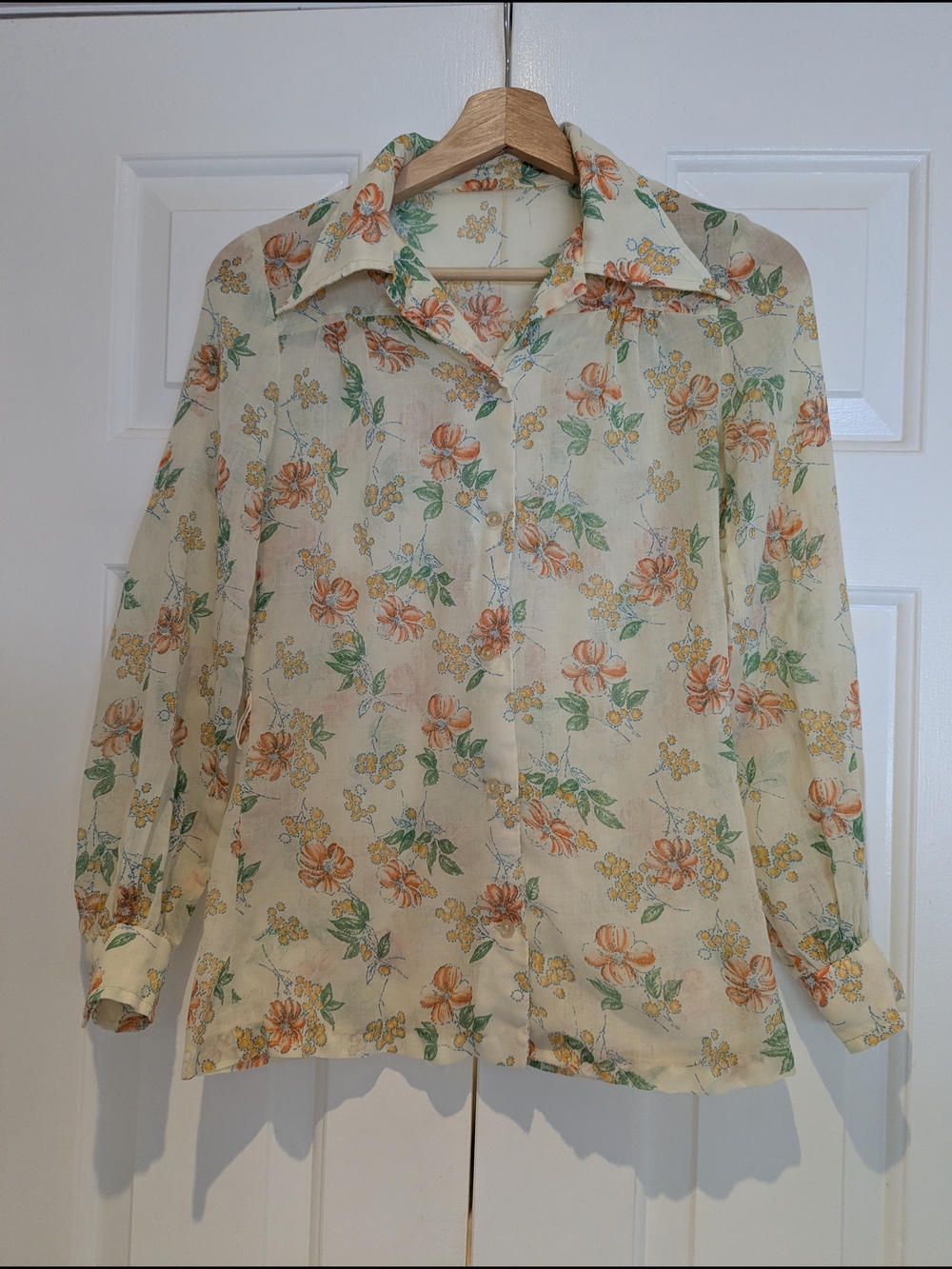 Vintage 70s Handmade Sheer Floral Blouse Shirt Flower Power Cottagecore Prairie